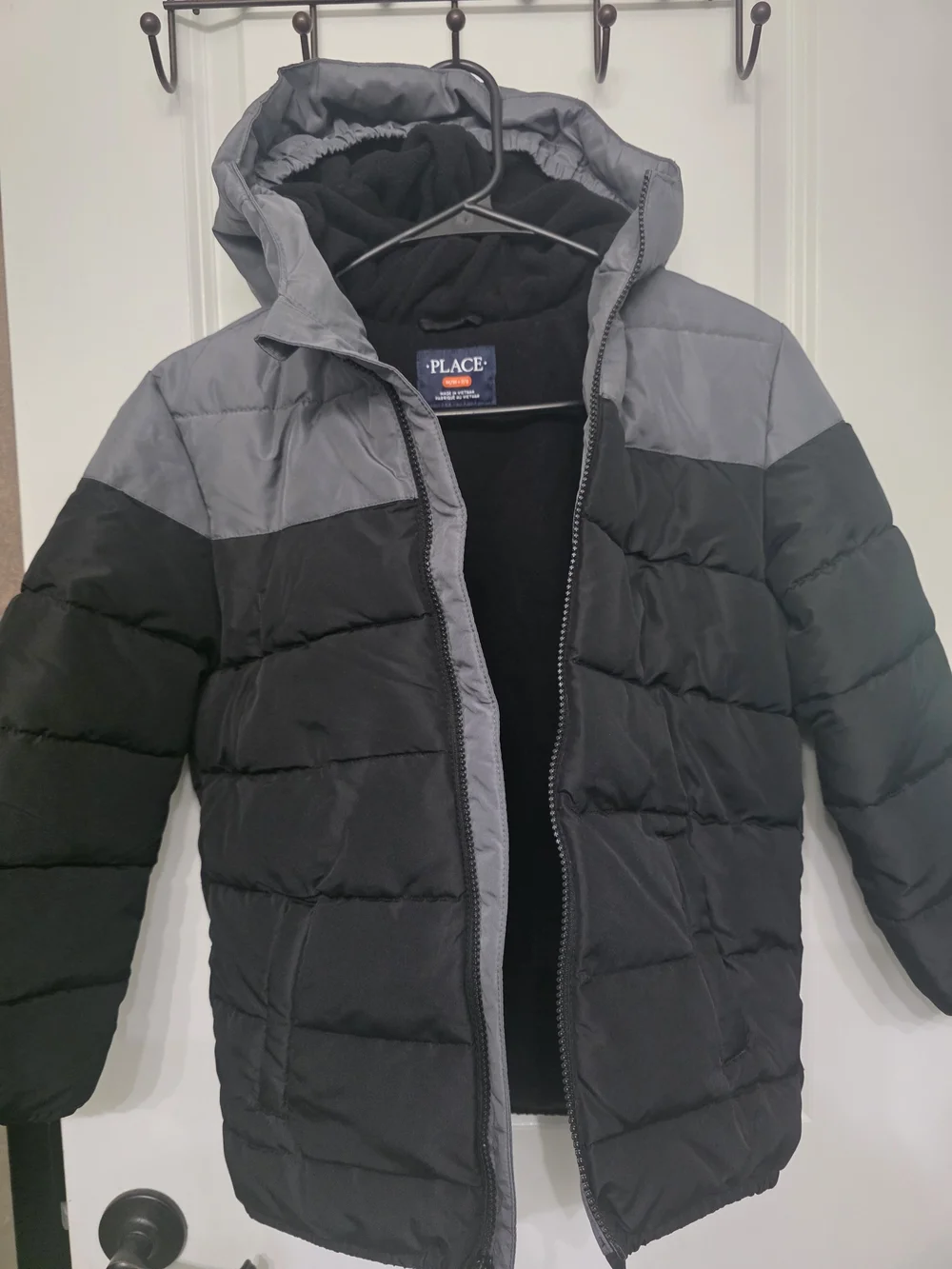 The Childrens Place Black and Gray Colorblock Puffer Jacket with Hood